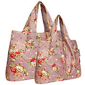 Wrapables Large & Small Foldable Tote Nylon Reusable Grocery Bags, Set of 2, Roses on Khaki