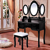UBesGoo Tri Folding Vanity Makeup Table Set with 7 Drawers and Stool in Black