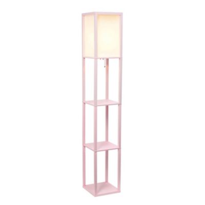 Simple Designs Modern Floor Lamp Etagere Organizer Storage Shelf with Linen Shade and Pull-Chain On/Off Switch - Light Pink