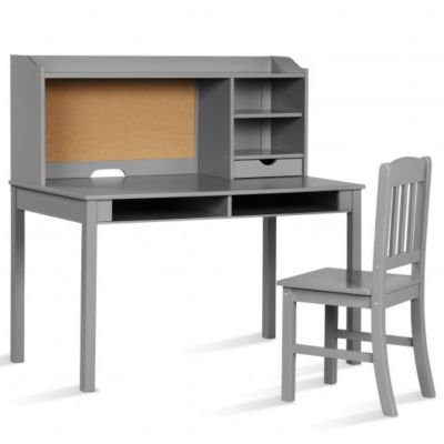 Costway Kids Desk and Chair Set Study Writing Desk with Hutch and Bookshelves-Gray