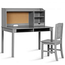 Costway Kids Desk and Chair Set Study Writing Desk with Hutch and Bookshelves-Gray