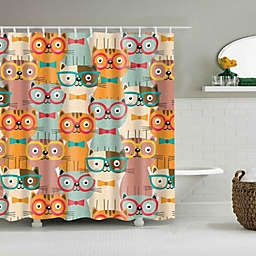 Colorful Kitty With Glasses Shower Curtain with Hooks  - 70