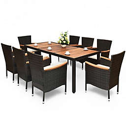 Costway-CA 9 Pieces Patio Rattan Dining Set with Stackable Chairs Cushioned and Acacia Wood Table Top
