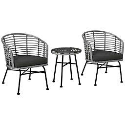 Outsunny 3 Pieces Patio PE Rattan Bistro Set, Outdoor Round Wicker Woven Coffee Set, 2 Chairs & 1 Coffee Table Conversation Furniture Set, for Garden, Backyard, Deck, Mixed Grey