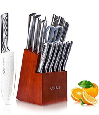Cookit 15-Piece Stainless Steel Hollow Handle Kitchen Chef Knives Set with Wooden Block Holder and Manual Sharpener