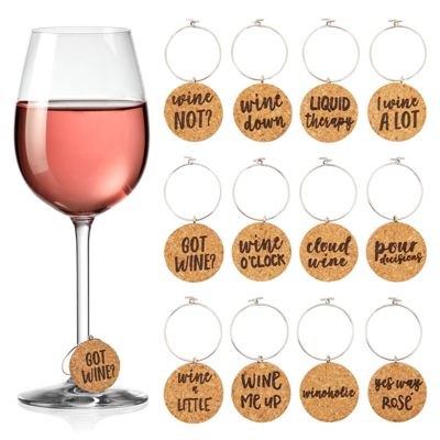 Juvale 12 Pack Funny Wine Charms for Stem Glasses, 1" Cork Drink Marker Tags for Dinner Party, Party Favors, 12 Designs