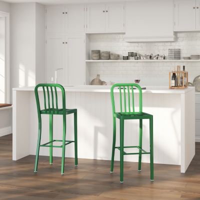 Merrick Lane Santorini 30 Inch Green Galvanized Steel Indoor/Outdoor Counter Bar Stool With Slatted Back And Powder Coated Finish