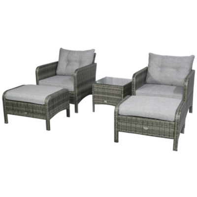 Outsunny 5 Pieces Rattan Wicker Lounge Chair Outdoor Patio Conversation Set with 2 Cushioned Chairs, 2 Ottomans & Glass Table, Grey