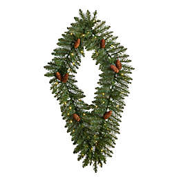 Nearly Natural Home Decorative 3' Holiday Christmas Geometric Diamond Wreath with Pinecones and 50 Warm White LED Lights