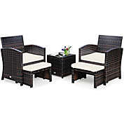 Gymax 5PCS Rattan Patio Furniture Set Chair & Ottoman Set w/ White Cushions
