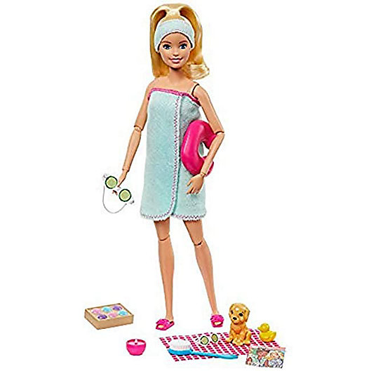 Alternate image 1 for Barbie Spa Doll, Blonde, with Puppy and 9 Accessories