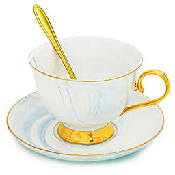 Juvale 3-Piece Blue Marble Tea Cup and Saucer Gift Set for 1, 7 oz Teacup with Gold Spoon