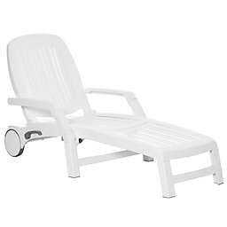 Outsunny Outdoor Folding Chaise Lounge Chair on Wheels, Patio Sun Lounger Recliner with Storage Box & 5-Position Backrest for Garden, Beach, Pool, White