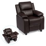 Gymax Deluxe Padded Kids Sofa Armchair Recliner Headrest Children w/ Storage Arm Brown