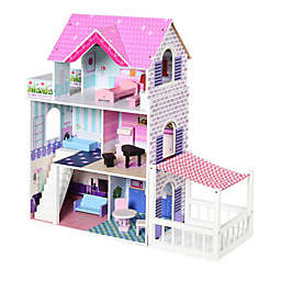 Qaba Kids Wooden Dollhouse Playset 3-Story Dream House Villa Kit with Sun Room, Balcony and 13 Accessories for ages 3+