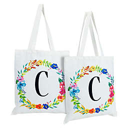 Okuna Outpost Set of 2 Reusable Monogram Letter C Personalized Canvas Tote Bags for Women, Floral Design (29 Inches)