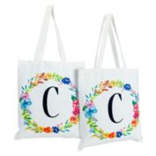 Okuna Outpost Set of 2 Reusable Monogram Letter C Personalized Canvas Tote Bags for Women, Floral Design (29 Inches)