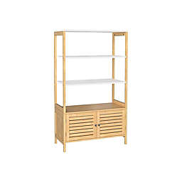 SONGMICS Bathroom Cabinet, Bathroom Storage Cabinet with 3 Shelves and Double Doors, Free-Standing, Bamboo, 27.6 x 11.8 x 47.2 Inches, Natural and White