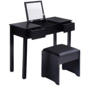 Slickblue Vanity Makeup Dressing Table Set with Flip Top Mirror and Cushioned Stool-Black