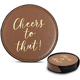 Juvale Round Coasters with Holder, Cheers to That (PU Leather, 6 Pack)