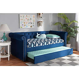Baxton Studio Mabelle Modern And Contemporary Navy Blue Velvet Upholstered Daybed With Trundle - Royal Blue