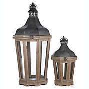 Urban Trends Collection Wood Octagon Lantern with Distressed Black Metal Fliptop, Ring Hanger and Glass Covered Sides Set of Two Natural Finish Dark Brown