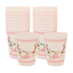 Sparkle and Bash Pink Plastic Floral Tumbler Cups for Oh Deer Girl Baby Shower (16 oz, 16 Pack)