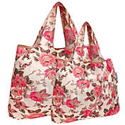 Wrapables Large & Small Foldable Tote Nylon Reusable Grocery Bags, Set of 2, Sunset Roses