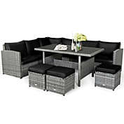 Slickblue 7 Pieces Patio Rattan Dining Furniture Sectional Sofa Set with Wicker Ottoman-Black