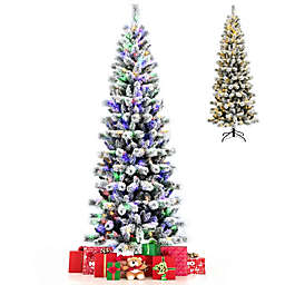 Gymax 5/6/7.5/8 ft Pre-lit Snow Flocked Artificial Christmas Tree w/ Multi-Color LED Lights