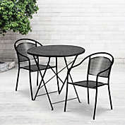 Flash Furniture Oia Commercial Grade 30" Round Black Indoor-Outdoor Steel Folding Patio Table Set with 2 Round Back Chairs