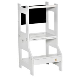 Qaba 2-in-1 Kids Kitchen Step Stool, Detachable Toddler Table and Chair Set Toddler Step Stool with Safety Rail Chalkboard for Kitchen, Bathroom, Bedroom, Grey