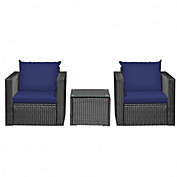 Costway 3 Pieces Patio Wicker Furniture Set with Cushion-Navy