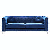 Passion Furniture Pompano 83" Navy Blue Tufted Velvet Loveseat with 2-Throw Pillow