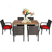Costway 7Pcs Patio Rattan Cushioned Dining Set with Umbrella Hole-Red