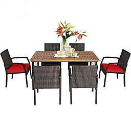 Costway 7Pcs Patio Rattan Cushioned Dining Set with Umbrella Hole-Red