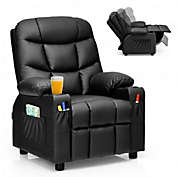 Costway PU Leather Kids Recliner Chair with Cup Holders and Side Pockets-Black