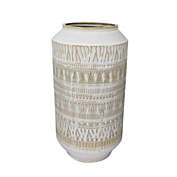 Kingston Living 13.75" Ivory and Beige Cylindrical Ceramic Tribal Look Vase