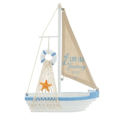 Beach Theme Nautical Wooden Sailing Boat Home Decor Navy and White Large 20"H 