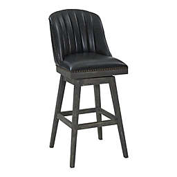 Armen Living Journey 30 Bar Height Wood Swivel Barstool in American Grey Finish with Onyx Faux Leather
