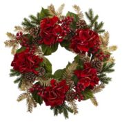 Nearly Natural Hydrangea, Pine Cone and Berry Artificial Christmas Wreath, 24-Inch, Unlit