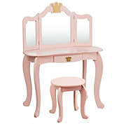 Slickblue Kids Makeup Dressing Table with Tri-folding Mirror and Stool-Pink