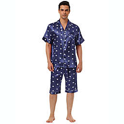 Lars Amadeus Men's Satin Short Sleeves Button Down Sleepwear Loungewear Pajama, Blue L