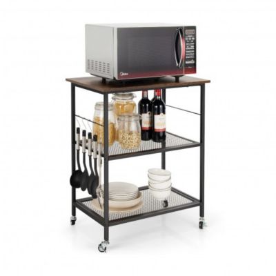Costway 3-Tier Kitchen Serving Cart Utility Standing Microwave Rack with Hooks Brown