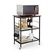 Costway 3-Tier Kitchen Serving Cart Utility Standing Microwave Rack with Hooks Brown