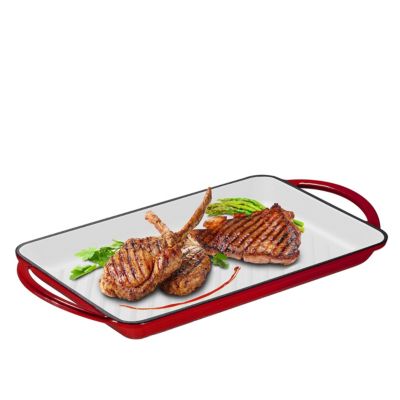 Bruntmor Cast-Iron Rectangular Grill Pan With Dual Handles, Non-Stick Surface, Perfect for Steaks, Fish, Vegetables 9.5" x 13.5" Enameled Red