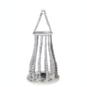 Urban Trends Collection Wood Round Lantern with Top Handle, Center Candle Holder and Vertical Beads Column Design Body in Flared Bottom LG Washed Finish Gray