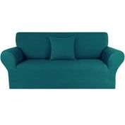 PiccoCasa Stretch Sofa Slipcover, 1-Piece Spandex Soft Couch Sofa Cover for 3 Cushion Couch with 1 Throw Pillow Cover, 190 GSM Washable Furniture Covers for Dogs, L, Peacock Blue