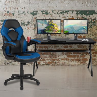 Flash Furniture Optis Gaming Desk and Blue/Black Racing Chair Set /Cup Holder/Headphone Hook/Removable Mouse Pad Top - 2 Wire Management Holes. View a larger version of this product image.