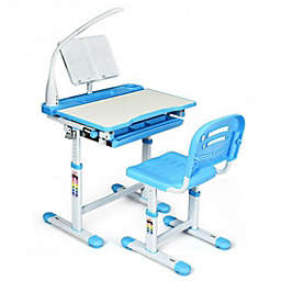 Costway Adjustable Kids Desk Chair Set with Lamp and Bookstand-Blue